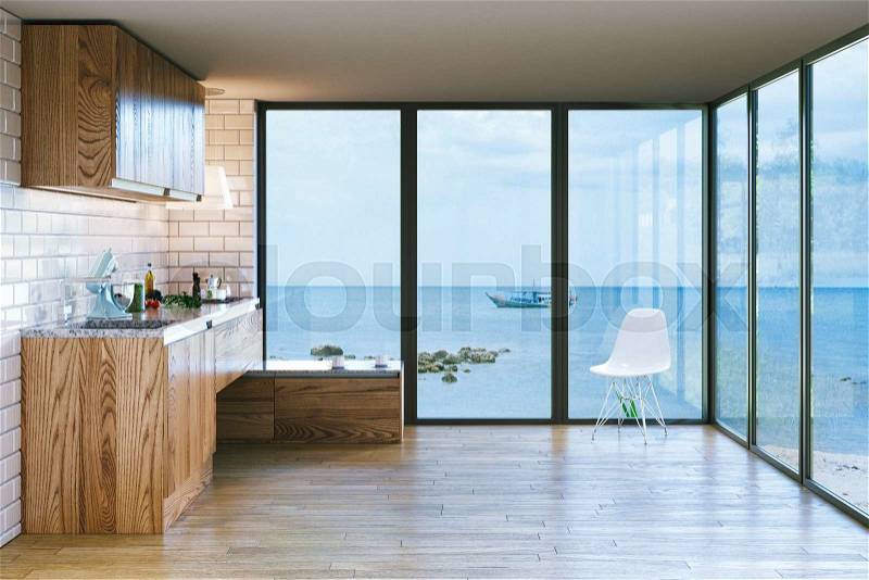 Wooden Kitchen Interior with White Chair and Ocean View in Big Windows, stock photo
