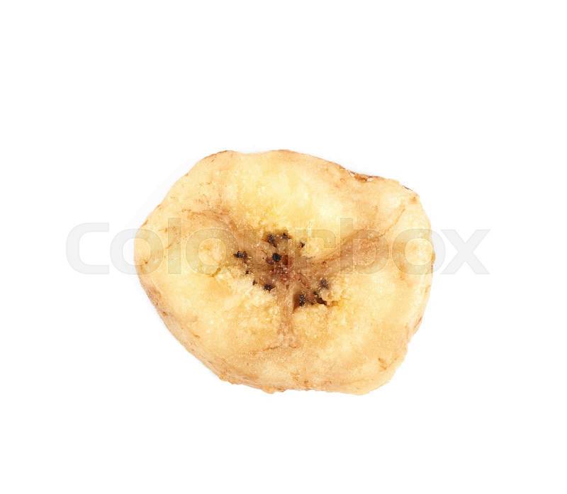Baked and dried banana chip slice isolated over the white background, stock photo