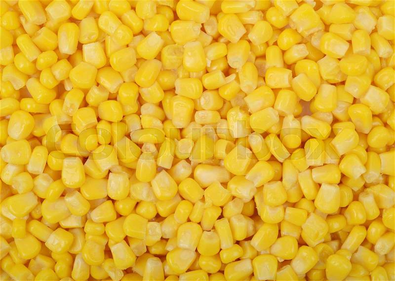 Surface coated with the canned corn as a backdrop composition texture, top view above, stock photo