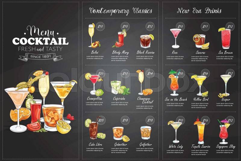 Front Drawing horisontal cocktail menu design on 
