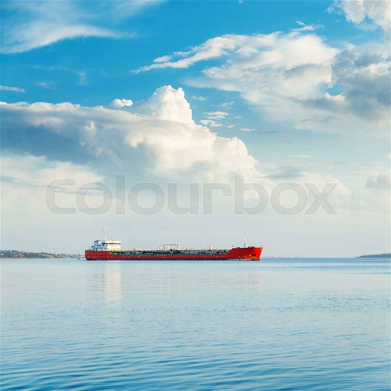 One big ship in river and blue sky with clouds, stock photo