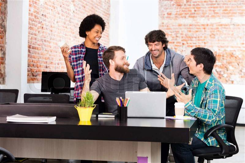 People office diverse mix race group businesspeople laughing discussing happy smile laptop computer casual wear, stock photo