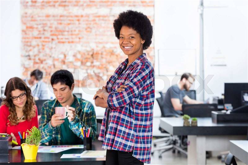African american woman smile business people colleagues working diverse mix race group casual wear office, stock photo