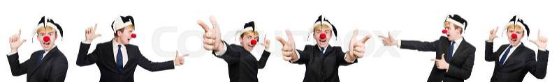 Businessman clown in funny concept isolated on white, stock photo