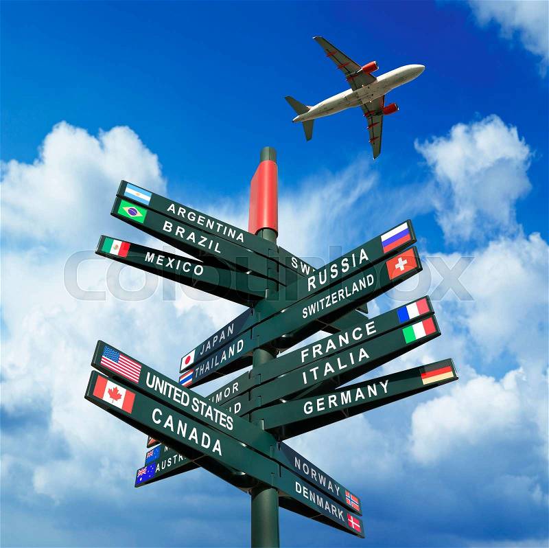 Road sign with flags and countries on Cloudy and sunny sky, time for vacations, stock photo