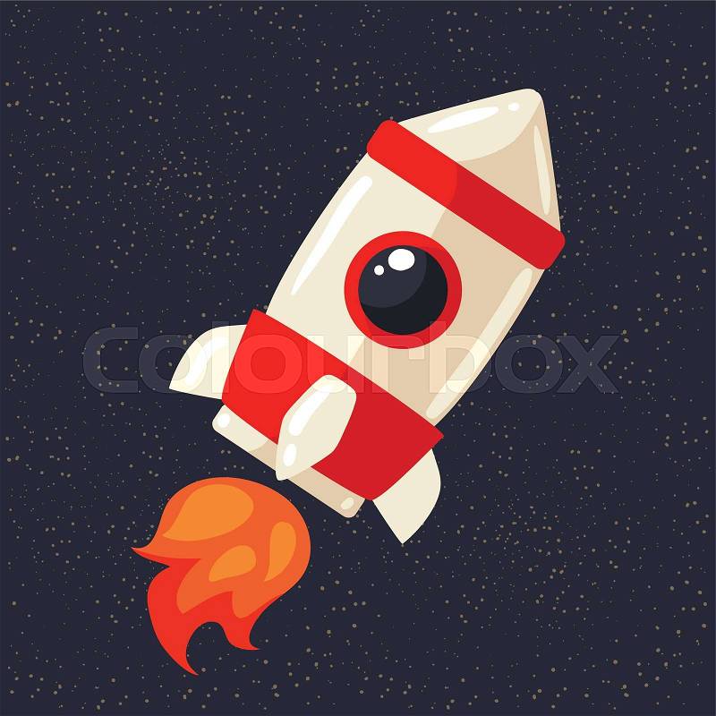 Cartoon rocket in open cosmos vector illustration. Retro style spaceship exploring the galaxy, interstellar travelling, shuttle in cosmos illustration, vector