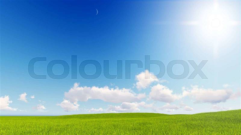 Landscape green grass blue clouds sky 3d rendering, stock photo