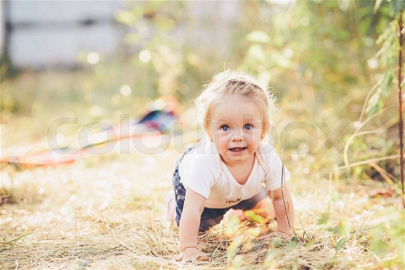 Little girl crawling on the lawn at the farm, stock photo