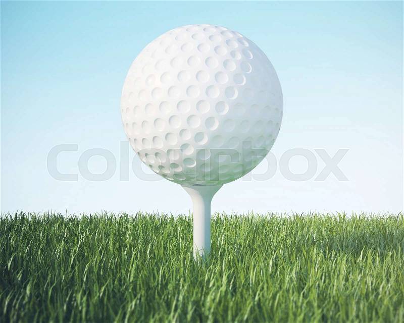 Golf ball on the green lawn, on blue sky background. 3d illustration High resolution, stock photo