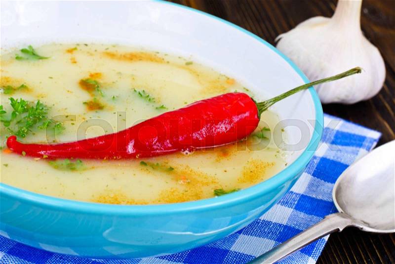 Cream Soup with Curry Sauce, Hot Pepper Red. Studio Photo, stock photo