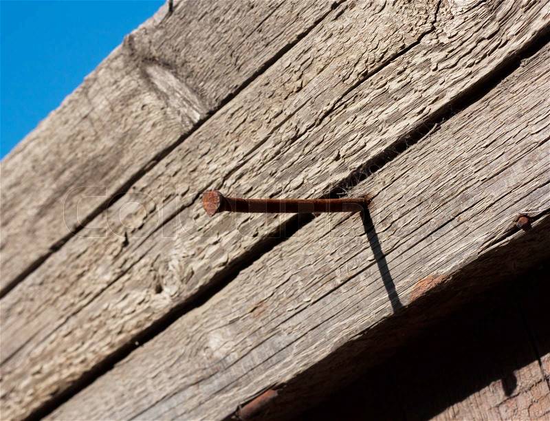 Rusty nail in obsolete wood plank, stock photo