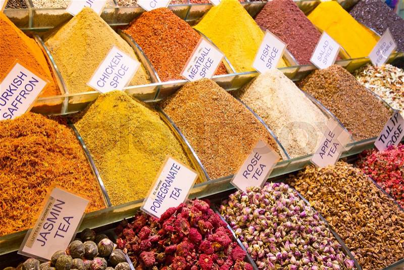 Spices and teas on the Egyptian market in Istanbul, stock photo