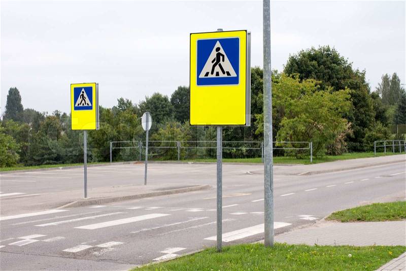 School crossing signs in a residential community, stock photo