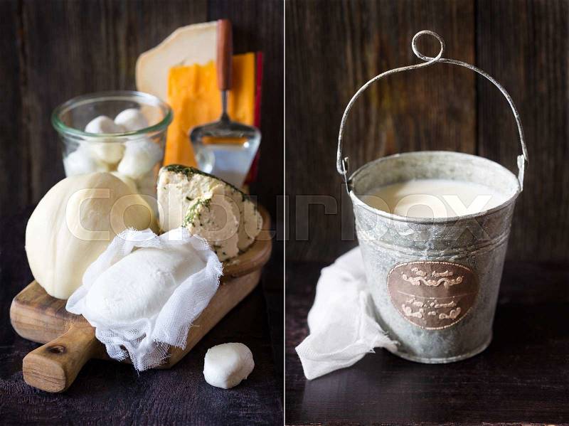 Fresh farm dairy products and bucket of milk. Rustic style. Collage, stock photo