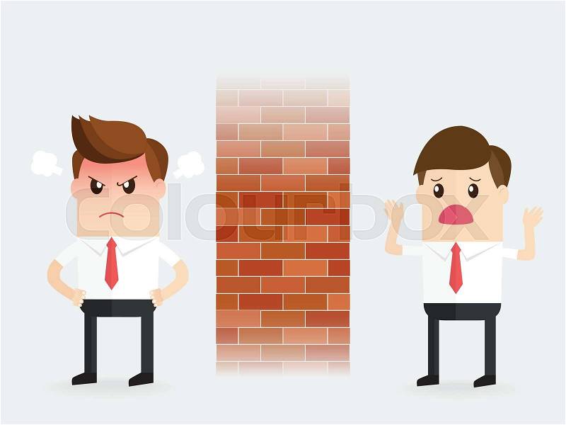 Businessman trying talk to angry coworker. partner turns into a stone wall, refusing to interact, engage, communicate or participate, vector