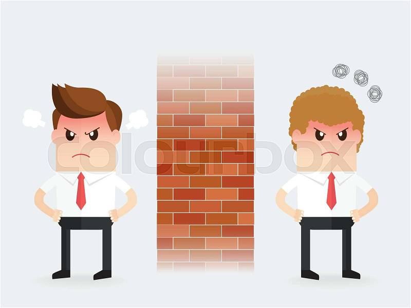Angry business people , businessman with coworker turns into a stone wall, refusing to interact, engage, communicate or participate, vector
