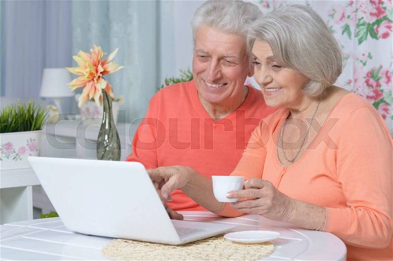 Happy senior couple with laptop at home, stock photo