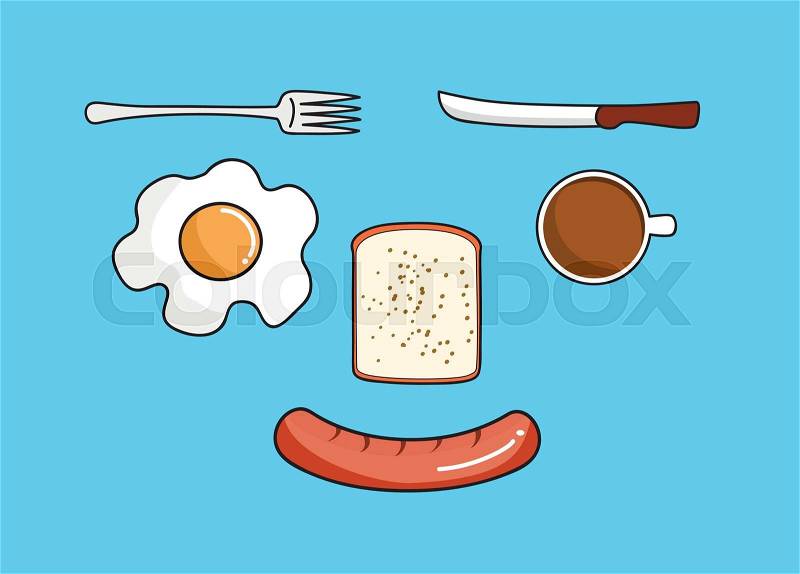 Vector illustration of food breakfast meal coffee egg bread and sausage, vector