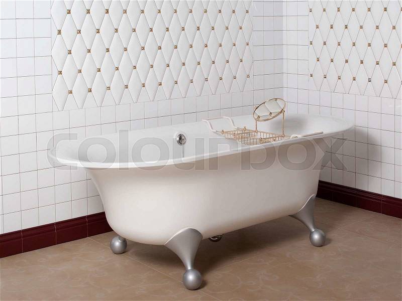 Modern bathroom in the corner, white tile, pastel shades, stock photo