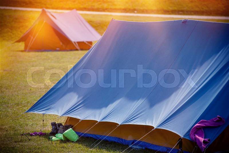 Large Tents on a Camping. Vacation Campground Tenting. , stock photo