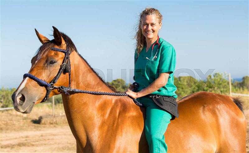 Equine veterinary at the equestrian riding a horse, stock photo
