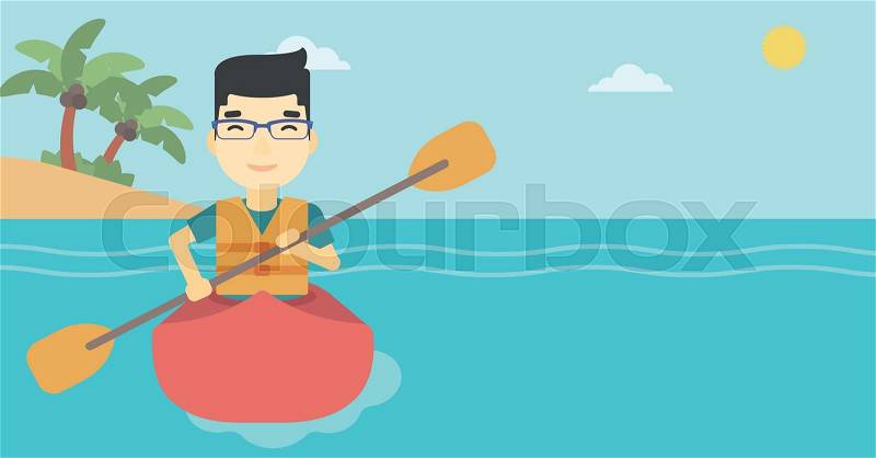 An asian sportsman riding in a kayak in the sea. Young man traveling by kayak. Male kayaker paddling. Man paddling a canoe. Vector flat design illustration. Horizontal layout, vector