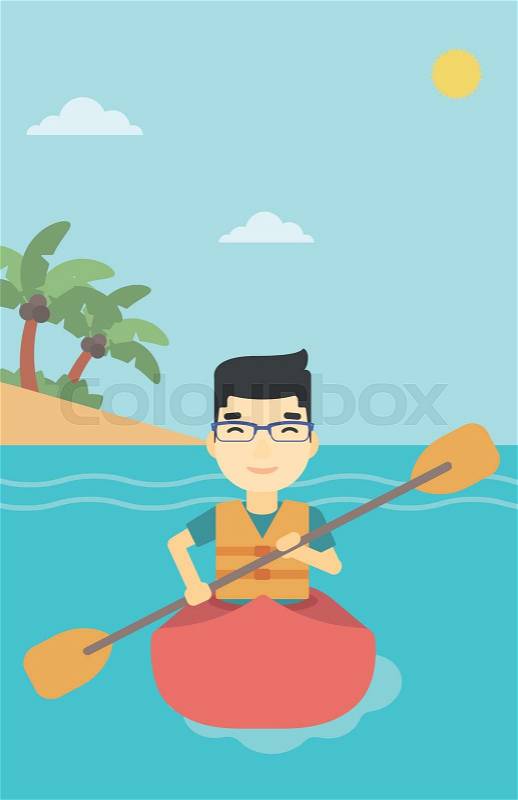 An asian sportsman riding in a kayak in the sea. Young man traveling by kayak. Male kayaker paddling. Man paddling a canoe. Vector flat design illustration. Vertical layout, vector