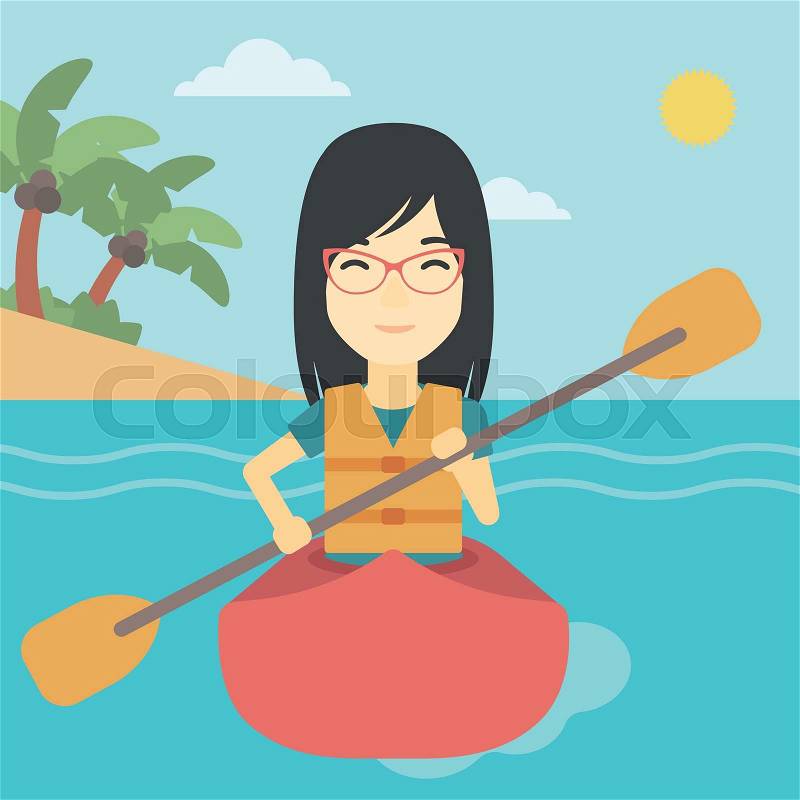 An asian sports woman riding in a kayak in the sea. Young woman traveling by kayak. Female kayaker paddling. Woman paddling a canoe. Vector flat design illustration. Square layout, vector