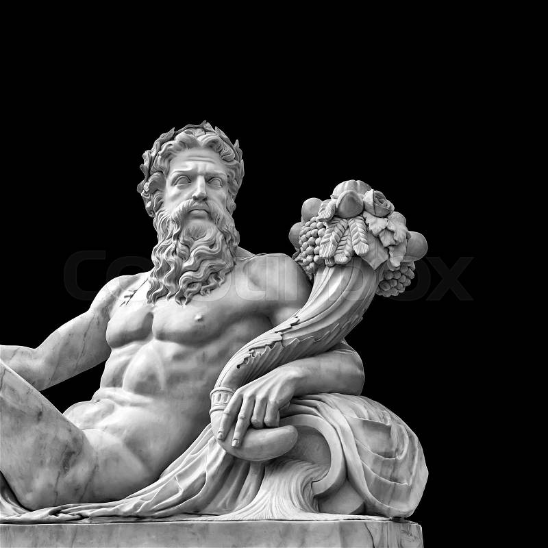Marble statue of greek god with cornucopia in his hands isolated on black background with place for your text, stock photo