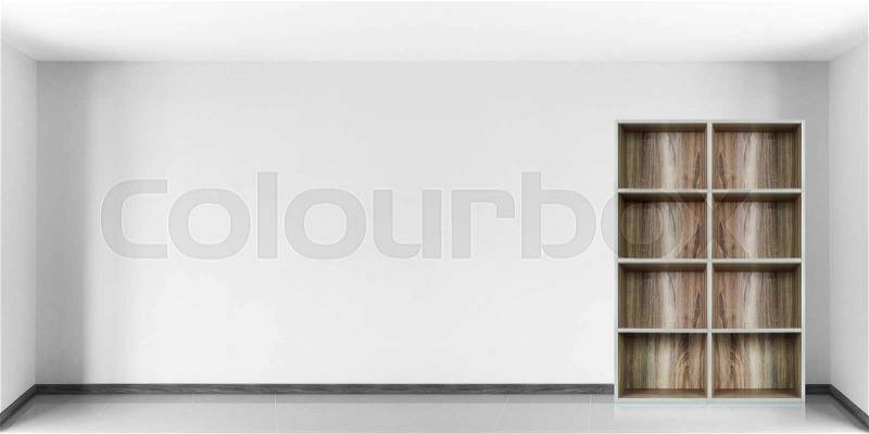 Wooden bookshelf in empty room, stock photo
