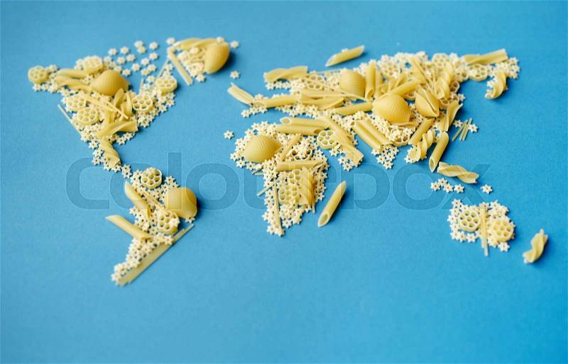 World from spaghetti isolated on blue background, stock photo