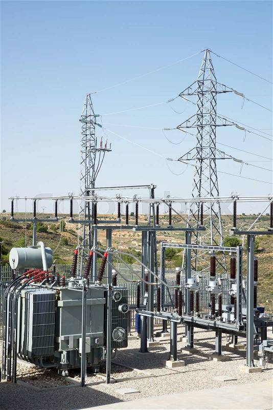 Closeup of an electrical substation, Toledo Province, Castilla La Mancha, Spain, stock photo
