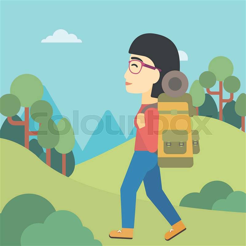 An asian woman hiking in mountains. Female traveler with backpack mountaineering. Hiking woman with backpack walking outdoor. Vector flat design illustration. Square layout, vector