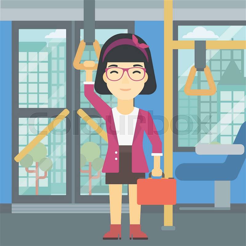 An asian woman traveling by public transport. Young woman standing inside public transport. Woman traveling by passenger bus or subway. Vector flat design illustration. Square layout, vector