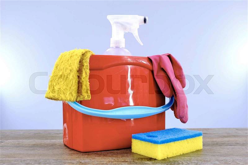 A studio photo of cleaning items, stock photo