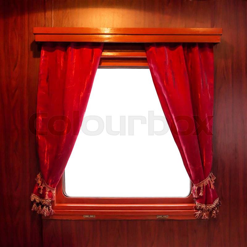 Red curtains on the window isolated on white. Drapes from ancient train, stock photo