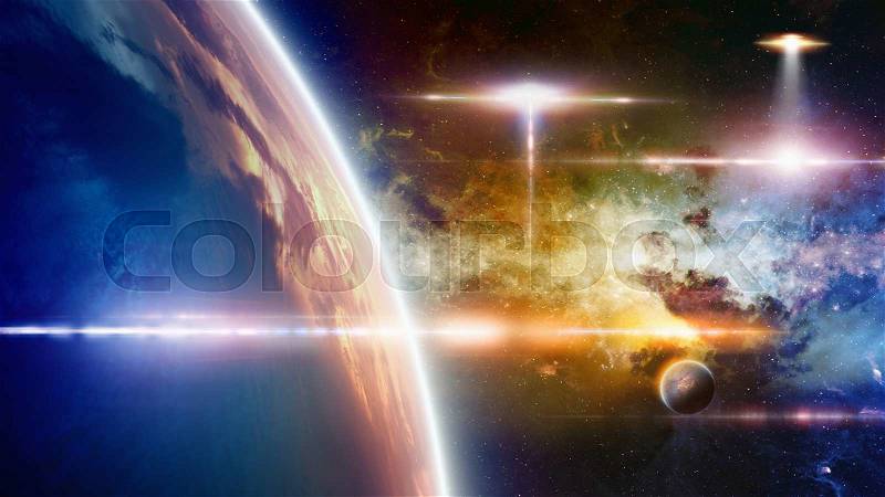 Abstract fantastic background - UFO approaches at planet Earth, glowing galaxy, bright lens flare. Elements of this image furnished by NASA, stock photo