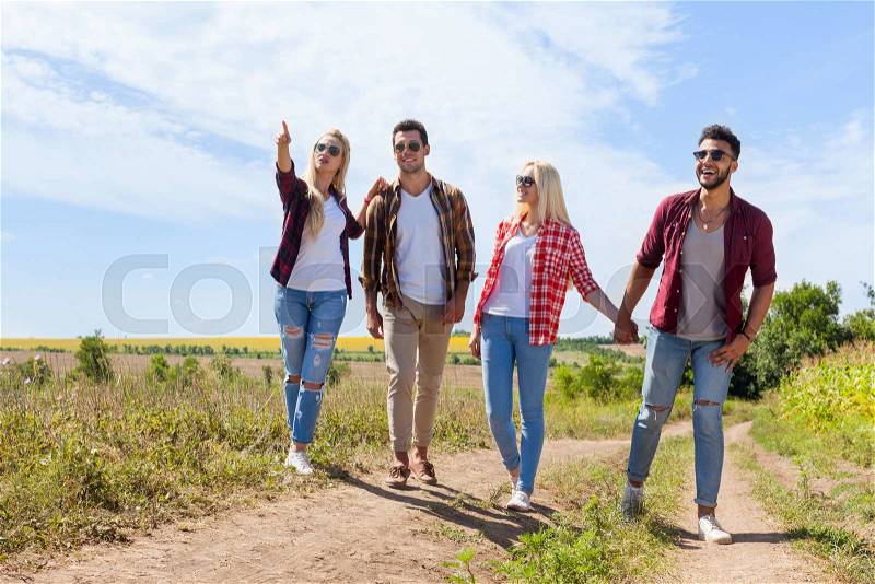 People group friends walking countryside road two couple happy smile, summer sunny day, stock photo