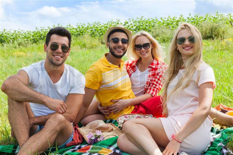 Friends picnic people group sitting blanket outdoor green grass two couple summer sunny day blue sky, stock photo