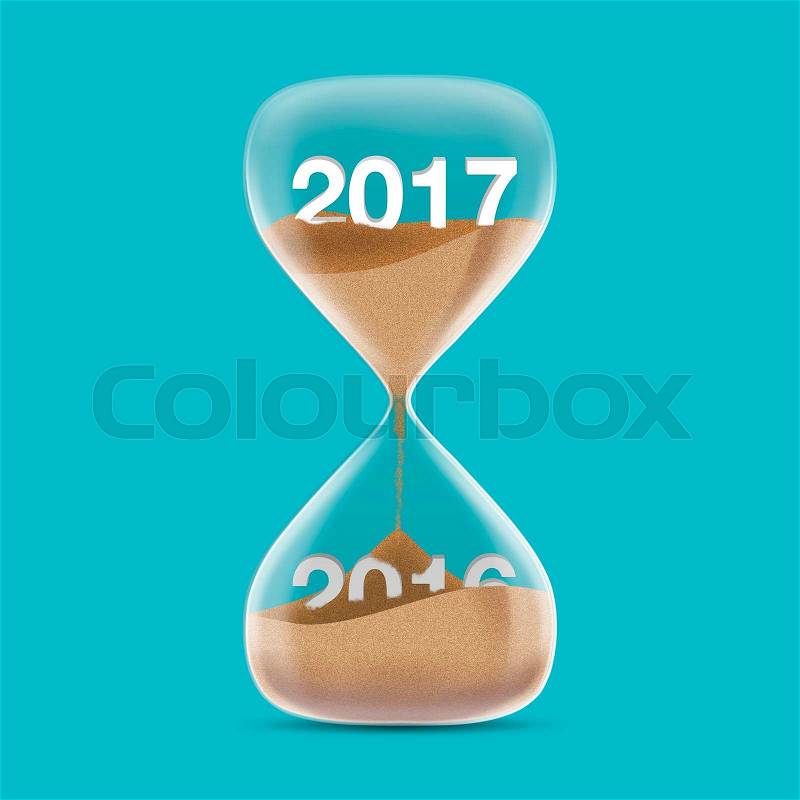 New Year 2017 concept with hourglass. Sands fall covered 2016, stock photo