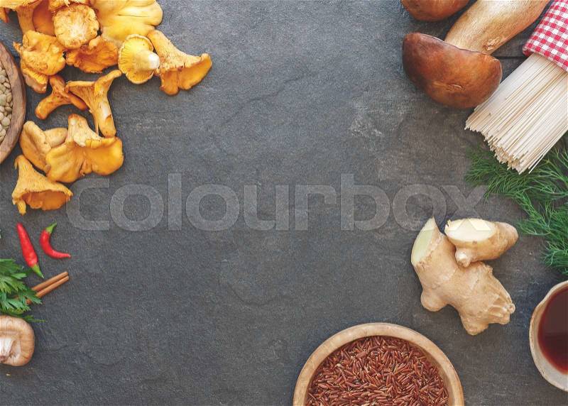 Selection of fresh food ingredients for cooking. Asian food concept, top view with space for text in the middle, stock photo
