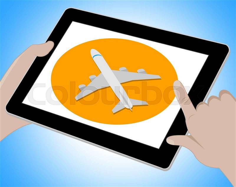 Plane Tablet Representing Online Tablets And Traveller, stock photo