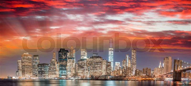 New York Buildings at night, Manhattan skyline, stock photo