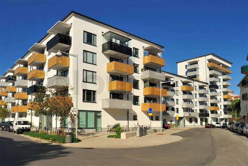 Swedish apartment Block in summer, stock photo