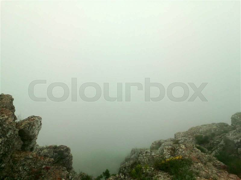 Crimean mountains. Rocks, forest and fog, stock photo