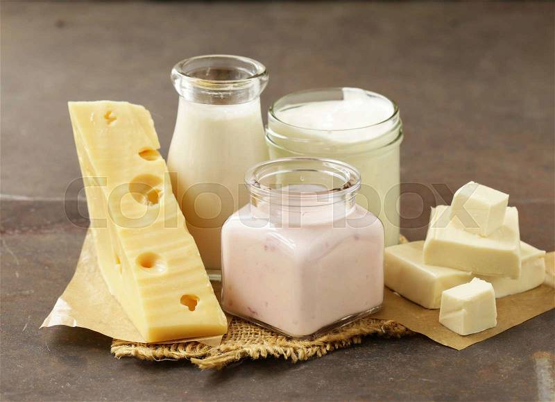 Organic dairy products - milk, sour cream, cottage cheese, yogurt, stock photo