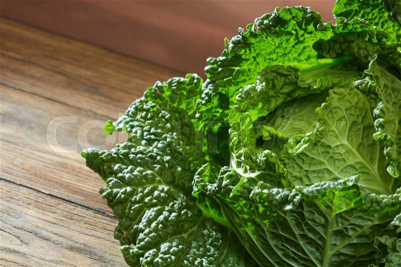 Savoy cabbage super food close up. Top view, stock photo