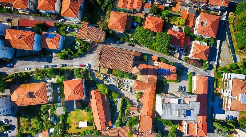 Overhead view of Pisan Homes, Tuscany, Italy, stock photo