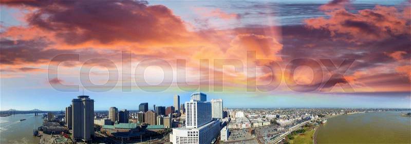 Aerial view of New Orleans skyline at sunset - Louisiana, stock photo