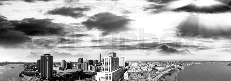 Black and white aerial view of New Orleans skyline - Louisiana - USA, stock photo
